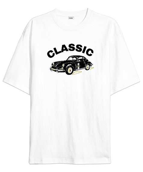 Tisho - Klasik Siyah Araba Beyaz Oversize Unisex Tişört