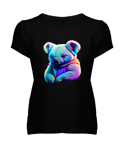 Tisho - koala Siyah Kadın V Yaka Tişört