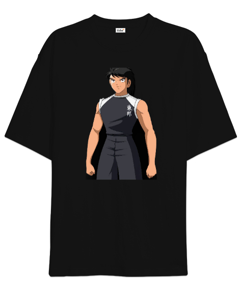 Tisho - Kojiro hyuga baskılı Siyah Oversize Unisex Tişört
