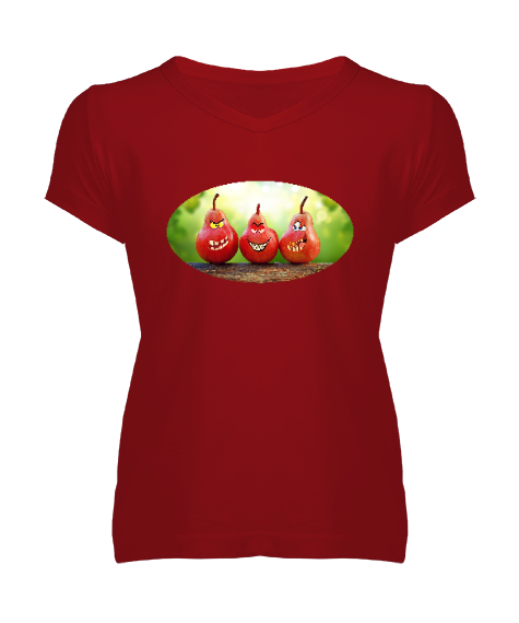 Tisho - Komik Armutlar Kırmızı Kadın V Yaka Tişört