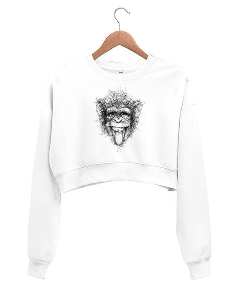 Tisho - Komik Çizim Maymun - Şempaze Beyaz Kadın Crop Sweatshirt