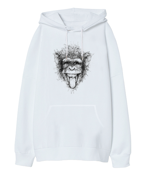 Tisho - Komik Çizim Maymun - Şempaze Beyaz Oversize Unisex Kapüşonlu Sweatshirt