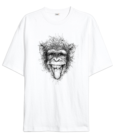 Tisho - Komik Çizim Maymun - Şempaze Beyaz Oversize Unisex Tişört