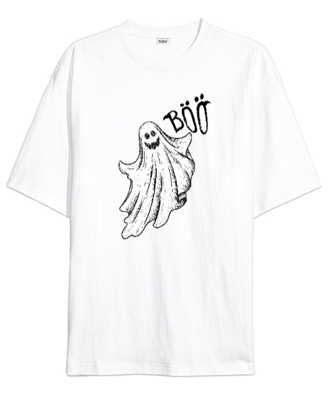 Tisho - Komik Hayalet - Ghost - Böö Beyaz Oversize Unisex Tişört