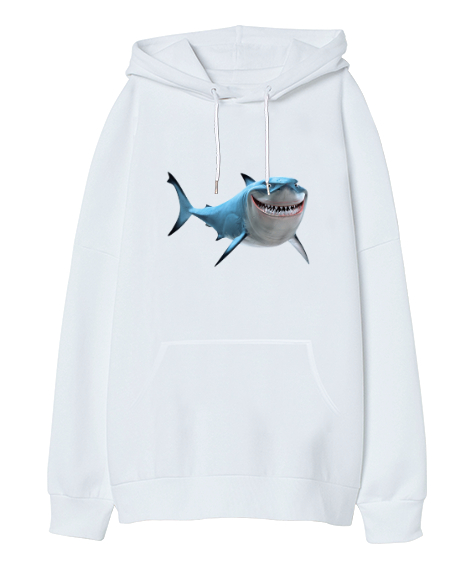 Tisho - Komik Köpekbalığı - Shark Beyaz Oversize Unisex Kapüşonlu Sweatshirt