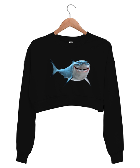 Tisho - Komik Köpekbalığı - Shark Siyah Kadın Crop Sweatshirt