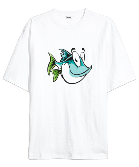 Komik Sevimli Balık - Fish Beyaz Oversize Unisex Tişört - Tisho