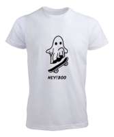 Komik Sevimli Hayalet Kaykayı ile Korkutmaya Çalışıyor Özel Tasarım Beyaz Erkek Tişört - Tisho