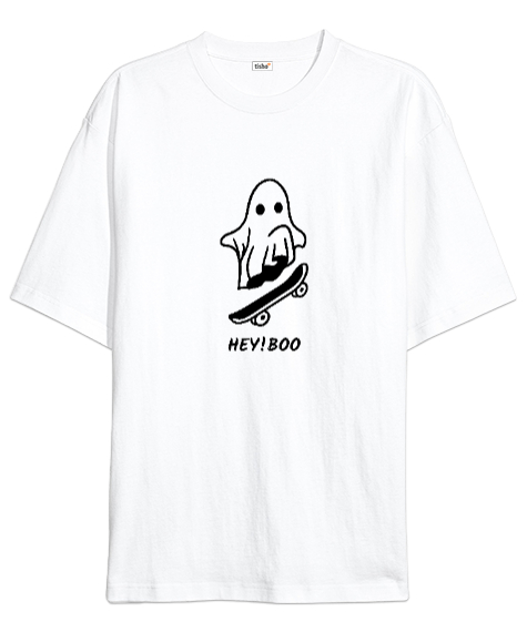 Tisho - Komik Sevimli Hayalet Kaykayı ile Korkutmaya Çalışıyor Özel Tasarım Beyaz Oversize Unisex Tişört