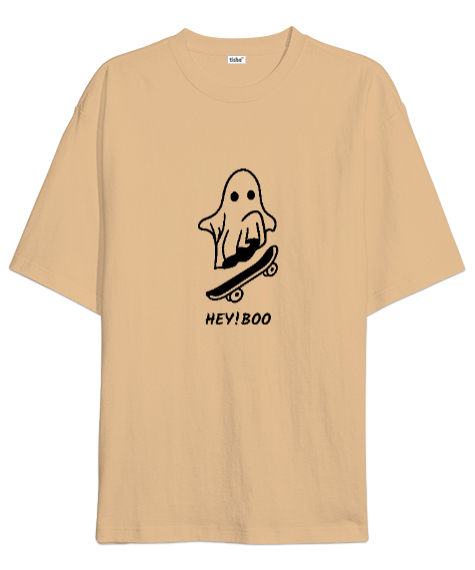 Tisho - Komik Sevimli Hayalet Kaykayı ile Korkutmaya Çalışıyor Özel Tasarım Camel Oversize Unisex Tişört