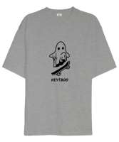 Komik Sevimli Hayalet Kaykayı ile Korkutmaya Çalışıyor Özel Tasarım Gri Oversize Unisex Tişört - Tisho