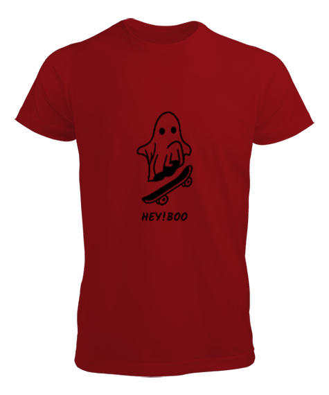 Tisho - Komik Sevimli Hayalet Kaykayı ile Korkutmaya Çalışıyor Özel Tasarım Kırmızı Erkek Tişört