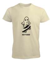Komik Sevimli Hayalet Kaykayı ile Korkutmaya Çalışıyor Özel Tasarım Krem Erkek Tişört - Tisho
