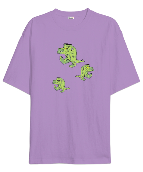 Tisho - Komik Şirin Frankenstein Dinozor Lila Oversize Unisex Tişört