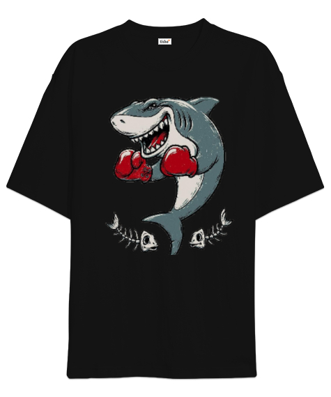 Tisho - Köpek Balık Baskılı Siyah Oversize Unisex Tişört