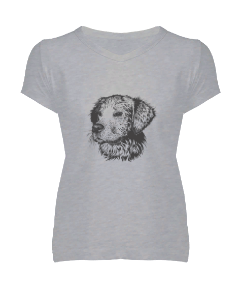 Tisho - Köpek Gri Kadın V Yaka Tişört