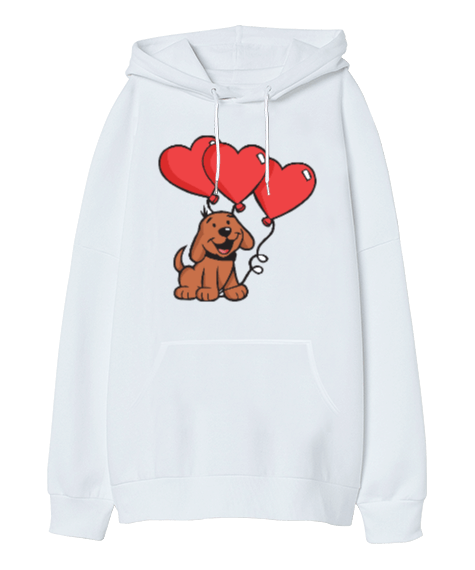 Tisho - Köpek Ve Kalpler Oversize Unisex Kapüşonlu Sweatshirt