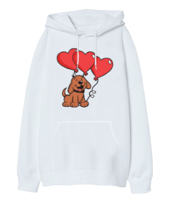 Köpek Ve Kalpler Oversize Unisex Kapüşonlu Sweatshirt - Tisho