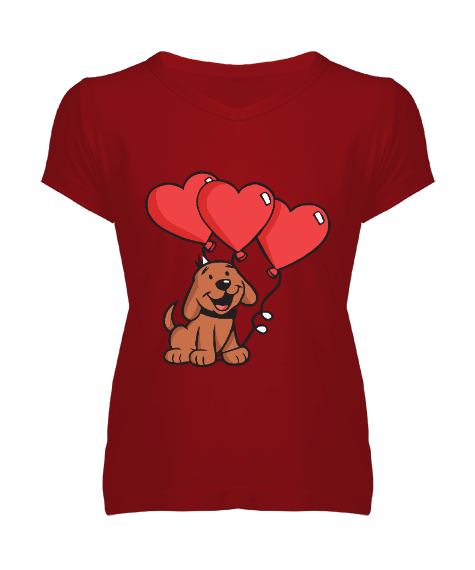 Tisho - köpek ve kalpli kadın v yaka T-shirt Kadın V Yaka Tişört