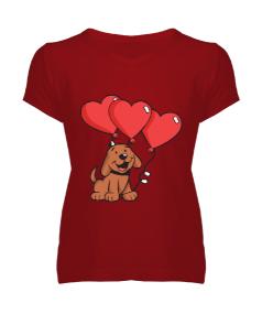 köpek ve kalpli kadın v yaka T-shirt Kadın V Yaka Tişört - Tisho