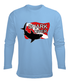 Köpekbalığı dalgıcı ve çapa baskılı erkek Erkek Uzun Kol Yazlık Tişört - Thumbnail