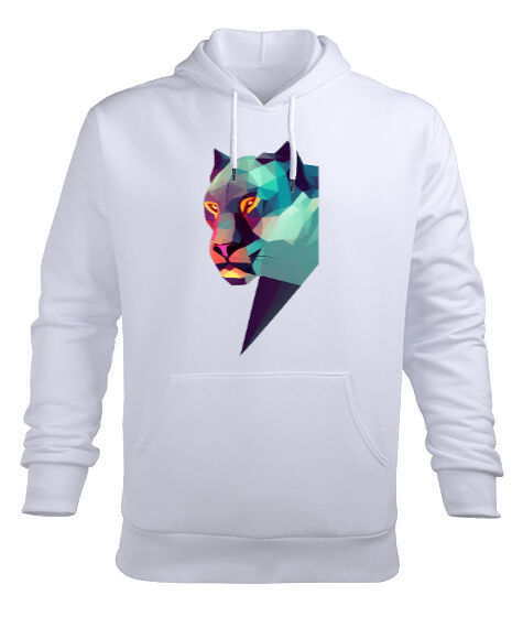 Tisho - Korkunç bakışlı poligon mavi vahşi panter Beyaz Erkek Kapüşonlu Hoodie Sweatshirt