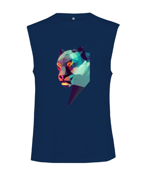 Korkunç bakışlı poligon mavi vahşi panter fitness motivasyon gym Lacivert Kesik Kol Unisex Tişört
