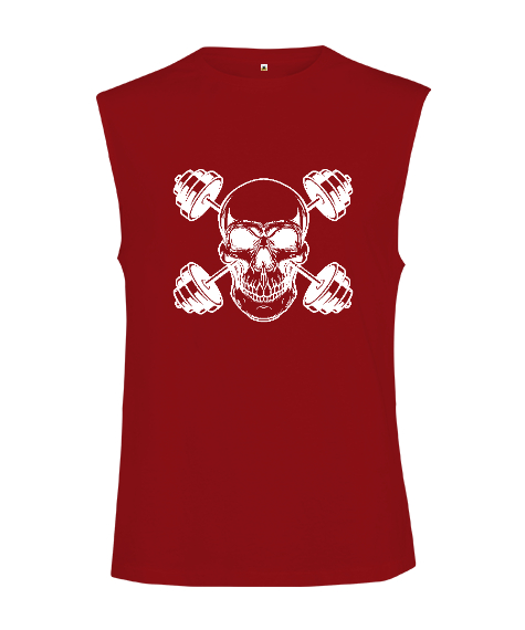 Tisho - Korkunç Kurukafa Ve Dambıllar Fitness Motivasyon Kırmızı Kesik Kol Unisex Tişört