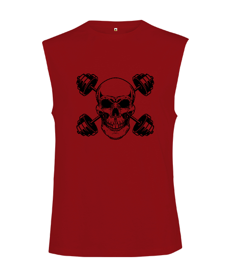 Tisho - Korkunç Kurukafa Ve Dambıllar Fitness Motivasyon Kırmızı Kesik Kol Unisex Tişört