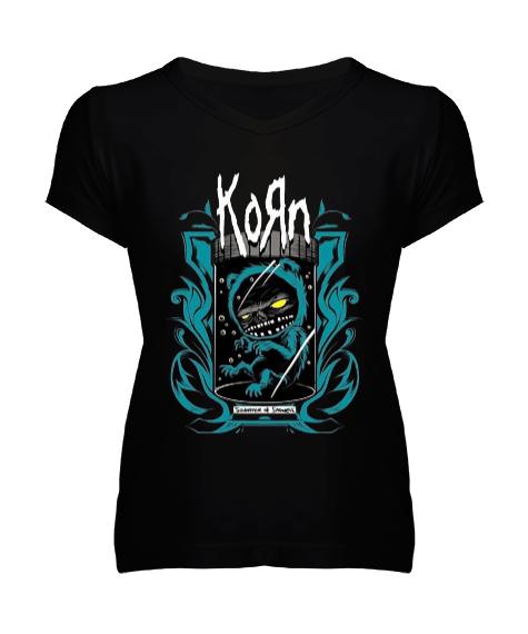 Korn Rock Tasarım Baskılı Kadın V Yaka Tişört