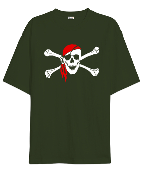 Tisho - Korsan Kafatası - Pirate Skull Haki Yeşili Oversize Unisex Tişört