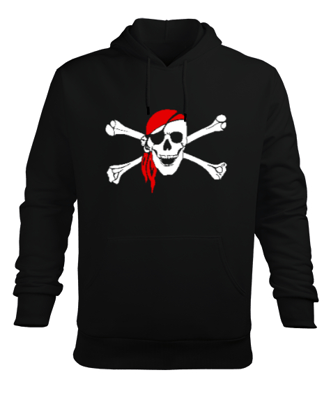 Tisho - Korsan Kafatası - Pirate Skull Siyah Erkek Kapüşonlu Hoodie Sweatshirt