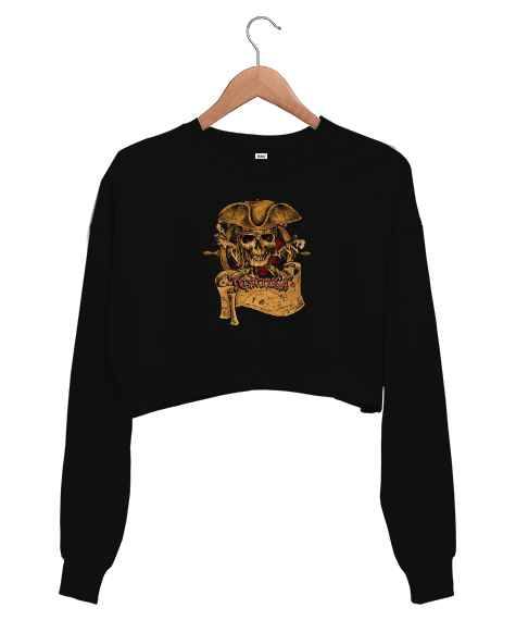 Tisho - Korsan Kafatası ve Hazine Haritası Siyah Kadın Crop Sweatshirt