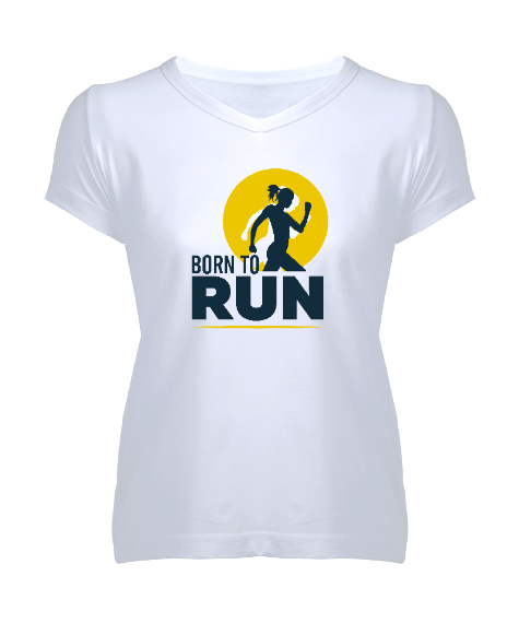 Tisho - Koşmak için Doğmuş - Run Woman Beyaz Kadın V Yaka Tişört