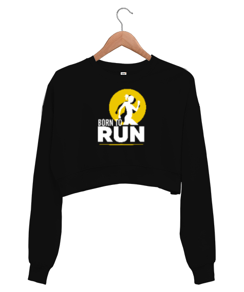 Tisho - Koşmak için Doğmuş - Run Woman Siyah Kadın Crop Sweatshirt