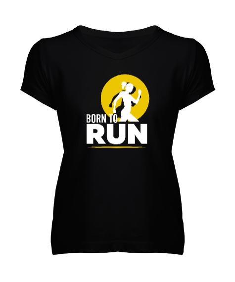 Tisho - Koşmak için Doğmuş - Run Woman Siyah Kadın V Yaka Tişört