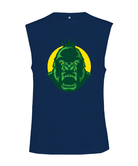 Tisho - Kral Güçlü Yeşil Goril Fitness Motivasyon Lacivert Kesik Kol Unisex Tişört