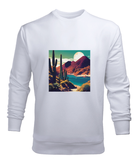 Tisho - Küçük Çöl Göleti Tasarım Beyaz Erkek Sweatshirt