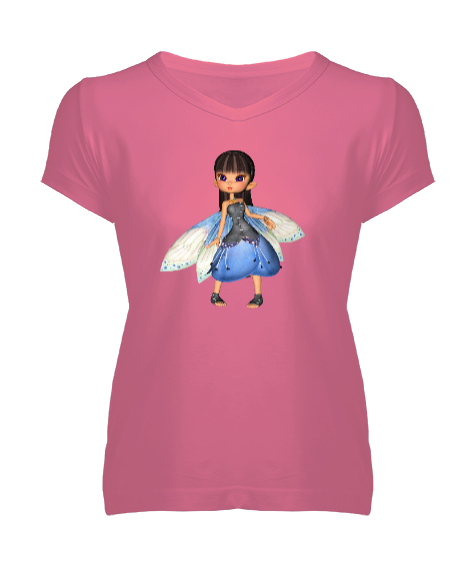 Tisho - Küçük Peri - Little Fairy Pembe Kadın V Yaka Tişört