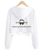 Kulaklık Beyaz Kadın Crop Hoodie Kapüşonlu Sweatshirt - Thumbnail