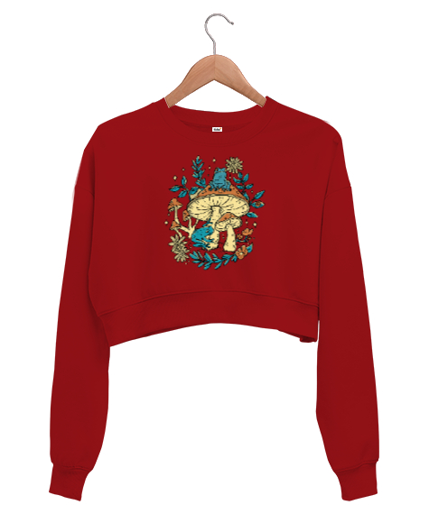 Tisho - Kurbağalar - Frogs Kırmızı Kadın Crop Sweatshirt