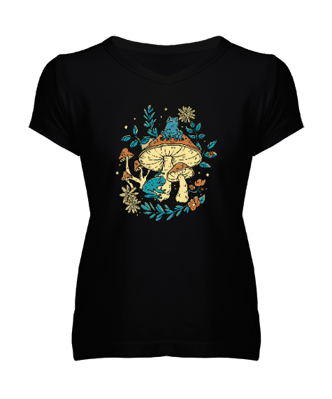 Tisho - Kurbağalar - Frogs Siyah Kadın V Yaka Tişört