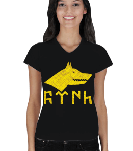 Kurt figürü ve Göktürkçe Türk yazılı Kadın V Yaka - Tisho