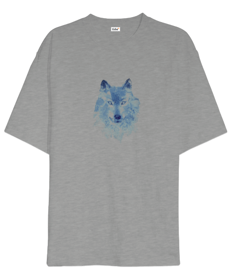Tisho - Kurt Mavi Suluboya Tasarım Baskılı Gri Oversize Unisex Tişört