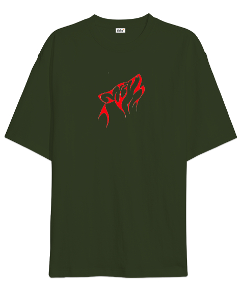 Tisho - Kurt Resimli Kırmızı 3 Haki Yeşili Oversize Unisex Tişört