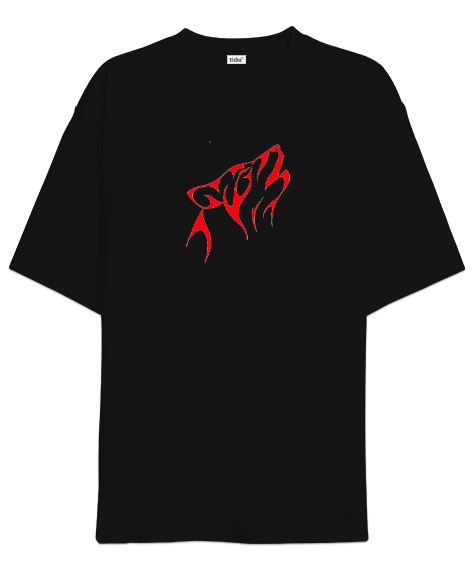 Tisho - Kurt Resimli Kırmızı Siyah Oversize Unisex Tişört