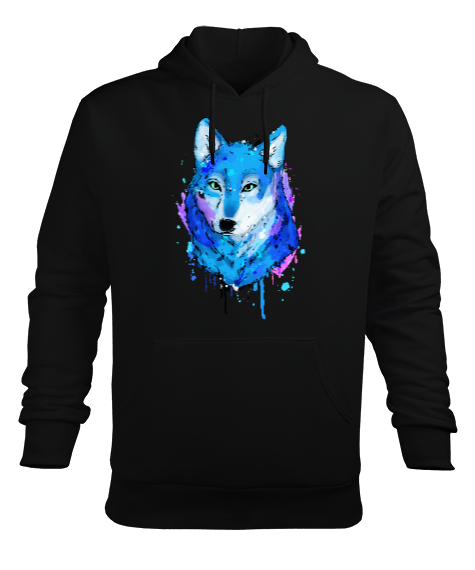 Tisho - Kurt Suluboya Wolf Watercolor Baskılı Siyah Erkek Kapüşonlu Hoodie Sweatshirt