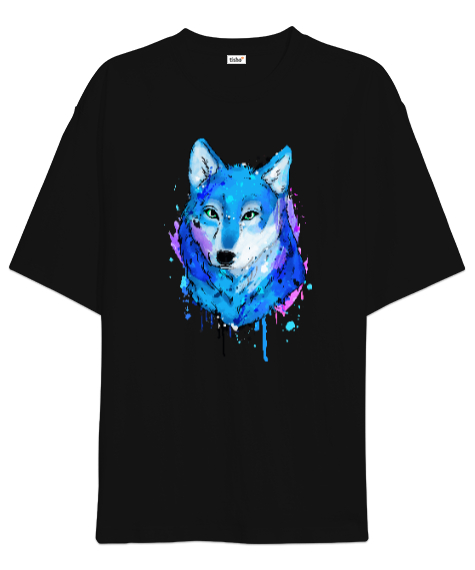 Tisho - Kurt Suluboya Wolf Watercolor Baskılı Siyah Oversize Unisex Tişört