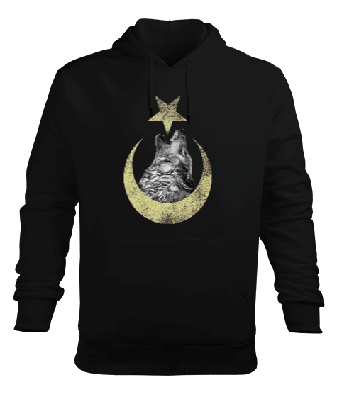 Kurt ve Ay Yıldız Baskılı Erkek Kapüşonlu Hoodie Sweatshirt - Tisho