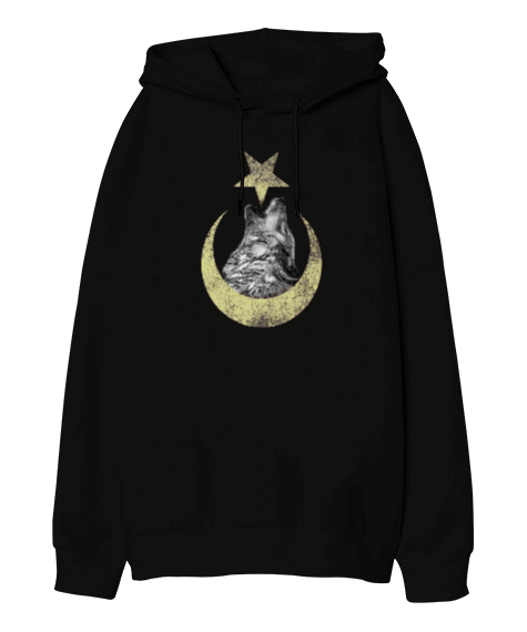 Tisho - Kurt ve Ay Yıldız Baskılı Oversize Unisex Kapüşonlu Sweatshirt